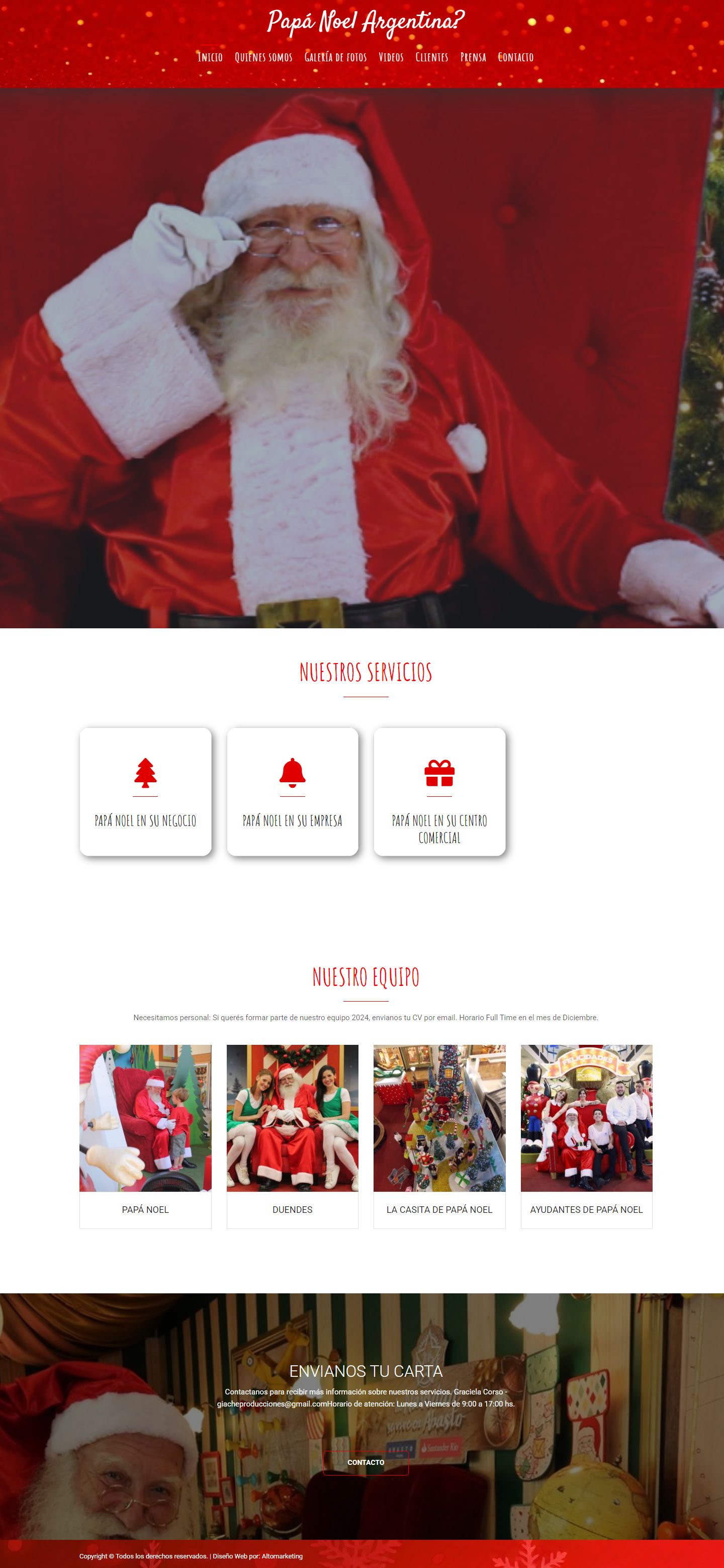 Captura de la página anterior de Papá Noel Argentina: portada, servicios, equipo y contacto